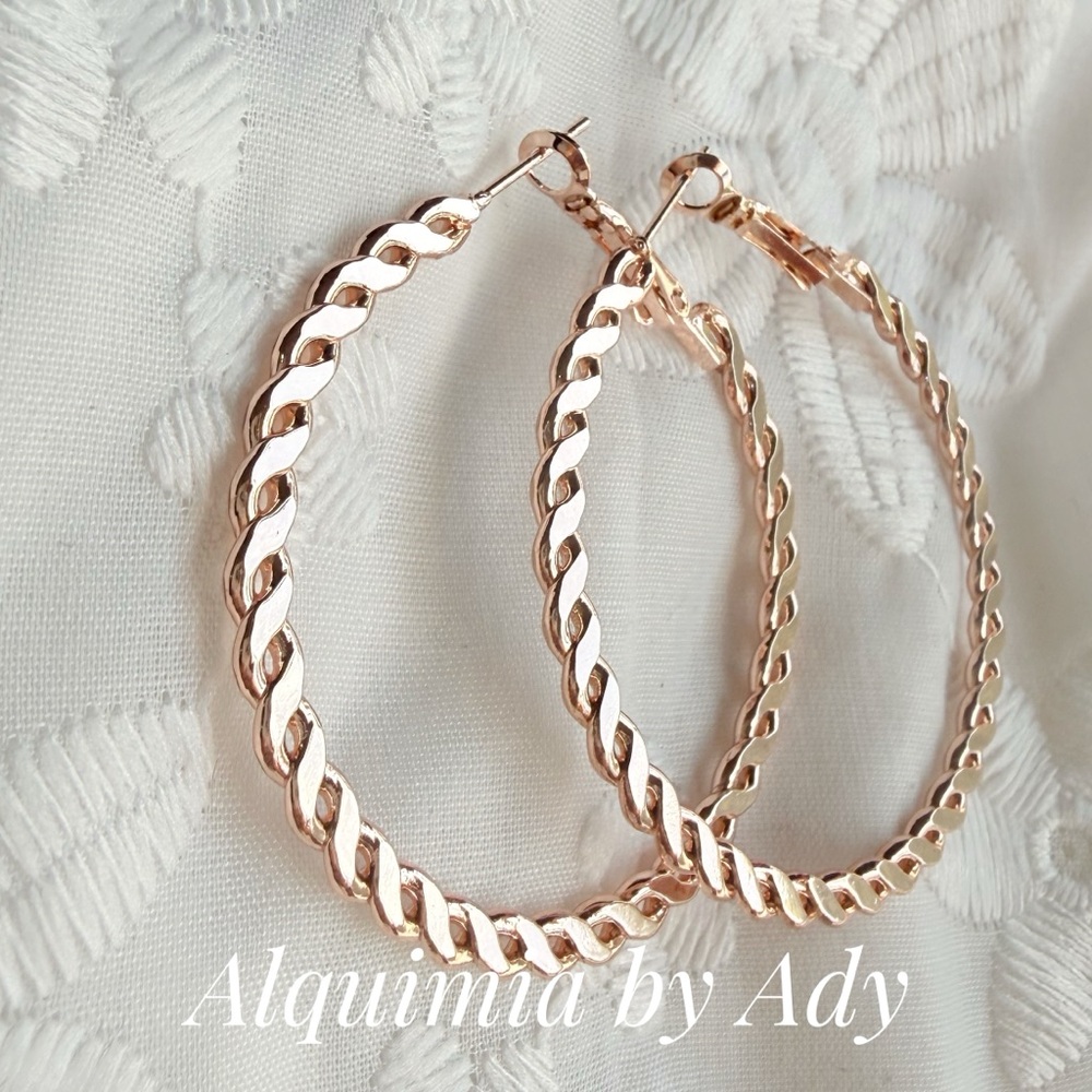 Rose Gold Twisted Chain Hoops • Bold Polished Statement Earrings